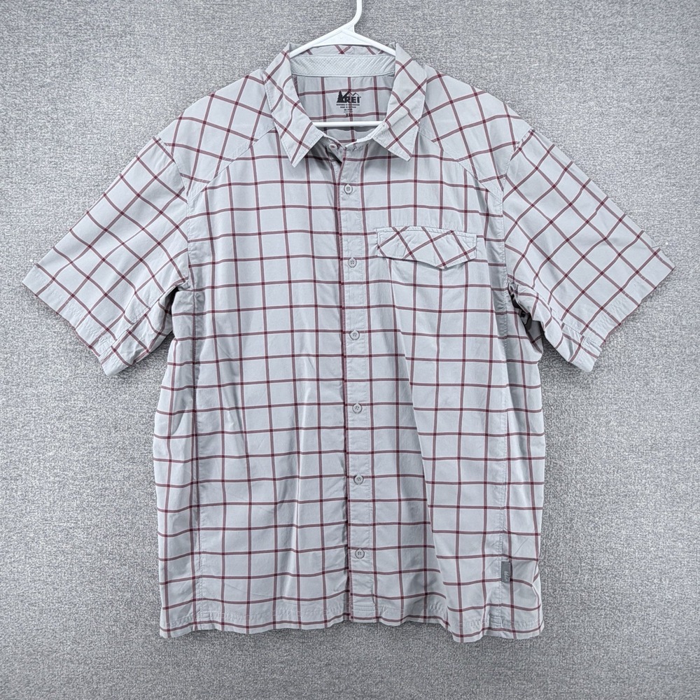REI Hiking Shirt Men Size XL Gray Plaid Short Sleeve Outdoor Button Up